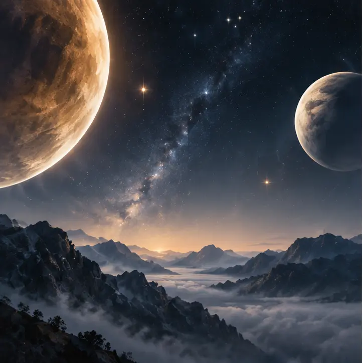 Celestial planets above a dark misty mountain horizon