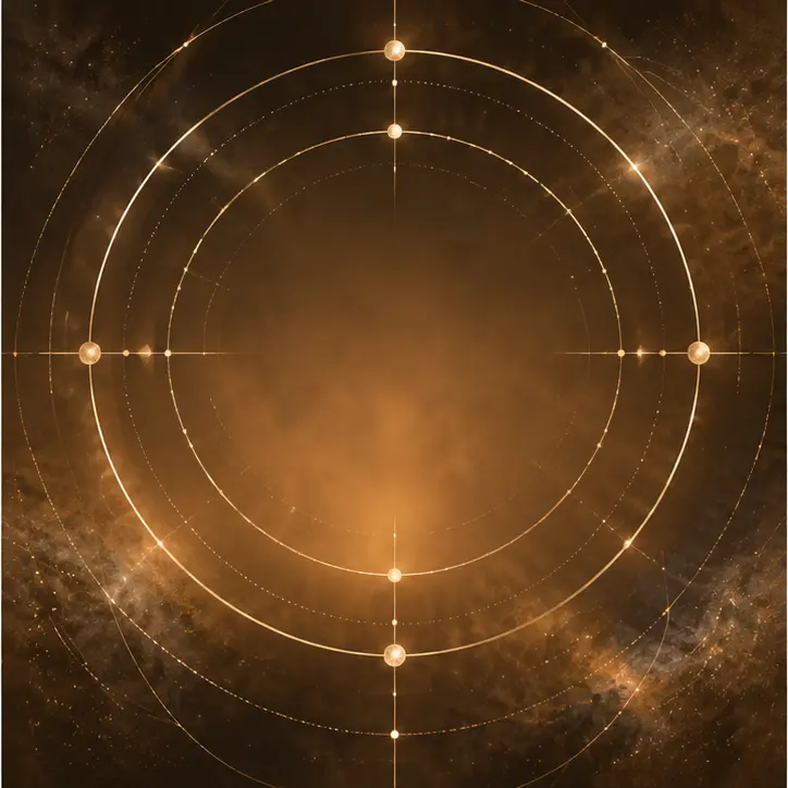 Glowing golden orbital geometry on a dimensional bronze background