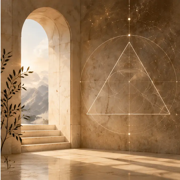 A luminous stone archway with refined triangle geometry