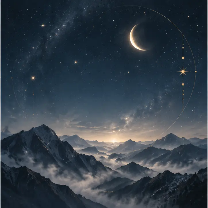 A crescent moon over misty blue mountains and a starry sky