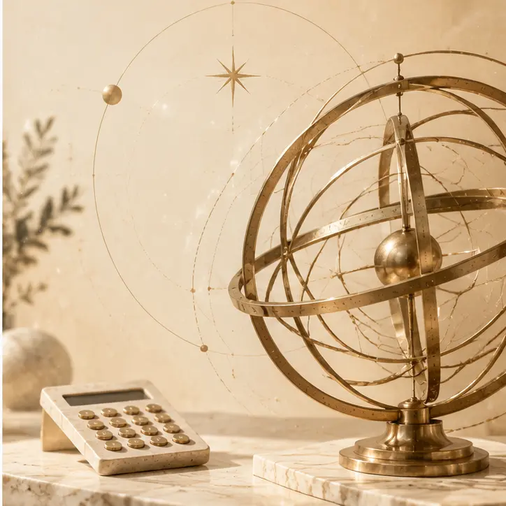 A golden armillary sphere and calculator on warm parchment