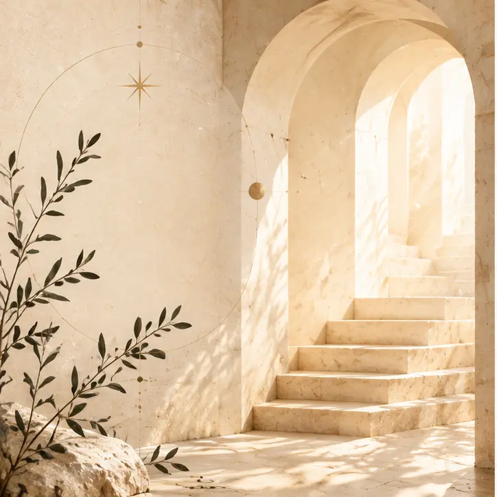 Sunlit stone archways and delicate botanical numerology artwork